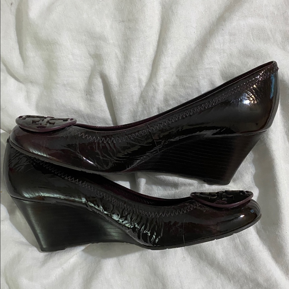 Dark purple Tory Burch alligator wedges